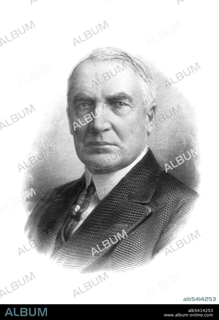 Warren Gamaliel Harding (November 2, 1865 - August 2, 1923) was the 29th President of the US (1921-23) with the largest popular vote in presidential history. He signed the first federal child welfare program, and dealt with striking mining and railroad workers in part by supporting an 8-hour work day. He advocated an anti-lynching bill to curb violence against African Americans, but it failed to pass Congress. In August 1923, Harding suddenly collapsed and died at the age of 57. In recent years Harding has been viewed as a more modern politician who embraced technology and was sensitive to the plights of minorities, women, and labor. No artist credited, undated (cropped and cleaned).