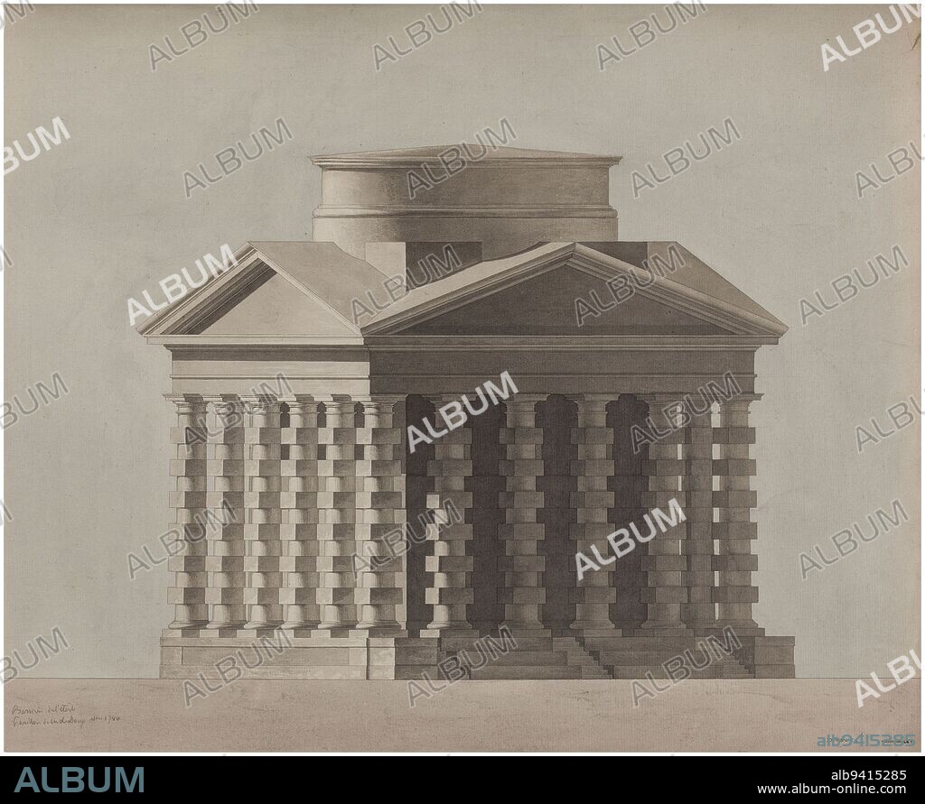 Barrière de l'Etoile Paris France: elevation of one of Ledoux's pavilions, Rohault de Fleury, Charles, Draftsman, Ledoux, Claude-Nicolas, Inventor, Drawing, Graphic arts, Architectural drawing, Plan, section, elevation, Pen, Black ink, Wash, Height: 43.1 cm, Width: 51.1 cm.