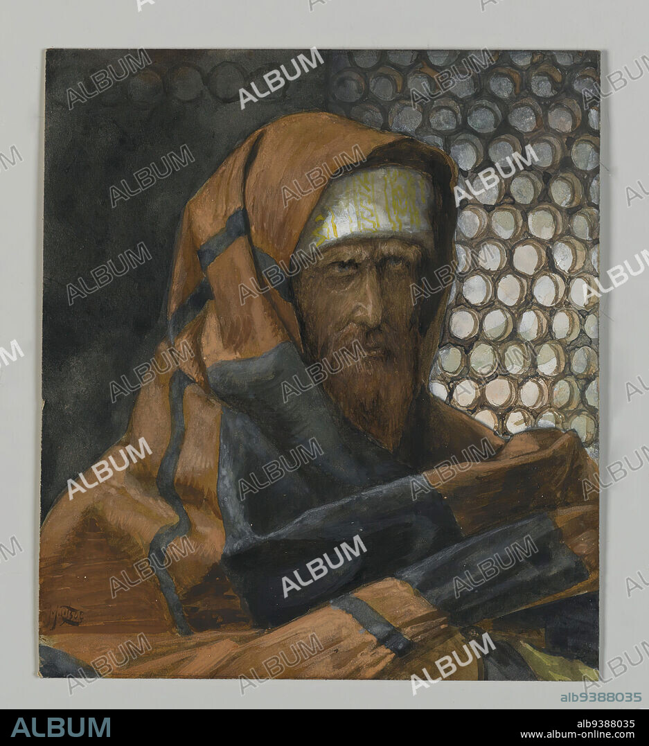Nicodemus, Nicodème, The Life of Our Lord Jesus Christ, La Vie de Notre-Seigneur Jésus-Christ, James Tissot, French, 1836-1902, Opaque watercolor over graphite on gray wove paper, France, 1886-1894, Image: 4 11/16 x 4 3/16 in., 11.9 x 10.6 cm, beard, Bible, blue, brown, Christianity, cloak, French, French art, French painting, French watercolor, graphite, headband, honeycomb, intense, man, New Testament, Nicodemus, portrait, red, religion, religious art, shroud, Tissot, watercolor, wove paper.