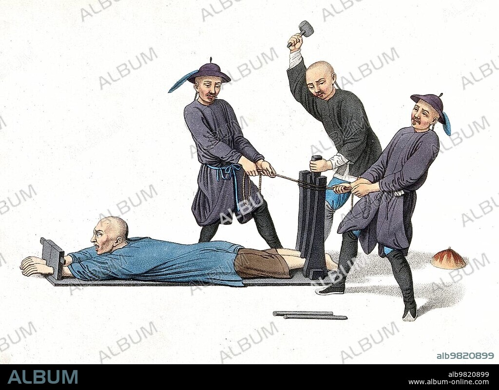 Torture; Punishment; Punishment; A Chinese man lies on a horizontal pillory while two Chinese tie a rope around the wooden construction at the foot of the pillory and a third man hammers on a pole; c. 1810; China; Historical; Digitally restored reproduction from a 19th century original; Asia.