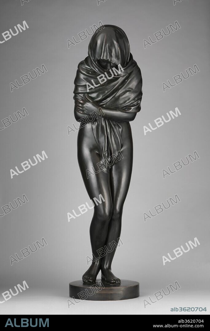 Winter. Artist: Jean Antoine Houdon (French, Versailles 1741-1828 Paris). Culture: French, Paris. Dimensions: Overall (confirmed): 56 1/2 x 15 3/8 x 19 7/8 in., Wt. 438 lb., 15 in. (143.5 x 39.1 x 50.5 cm, 198.6755kg, 38.1 cm); Pedestal: H. 34 in. (86.4 cm). Date: 1787.
A frileuse is a woman subject to cold. A marble version (Musée Fabre, Montpellier), dated 1783, was originally intended as an allegory of Winter. For the Museum's bronze, cast by Houdon himself and coming from the collection of the duc d'Orléans, Houdon stripped the spiraling columnar composition to its bare essentials. The girl's tremulous flesh is offset by her tightly drawn shawl, elegant but hardly adequate.