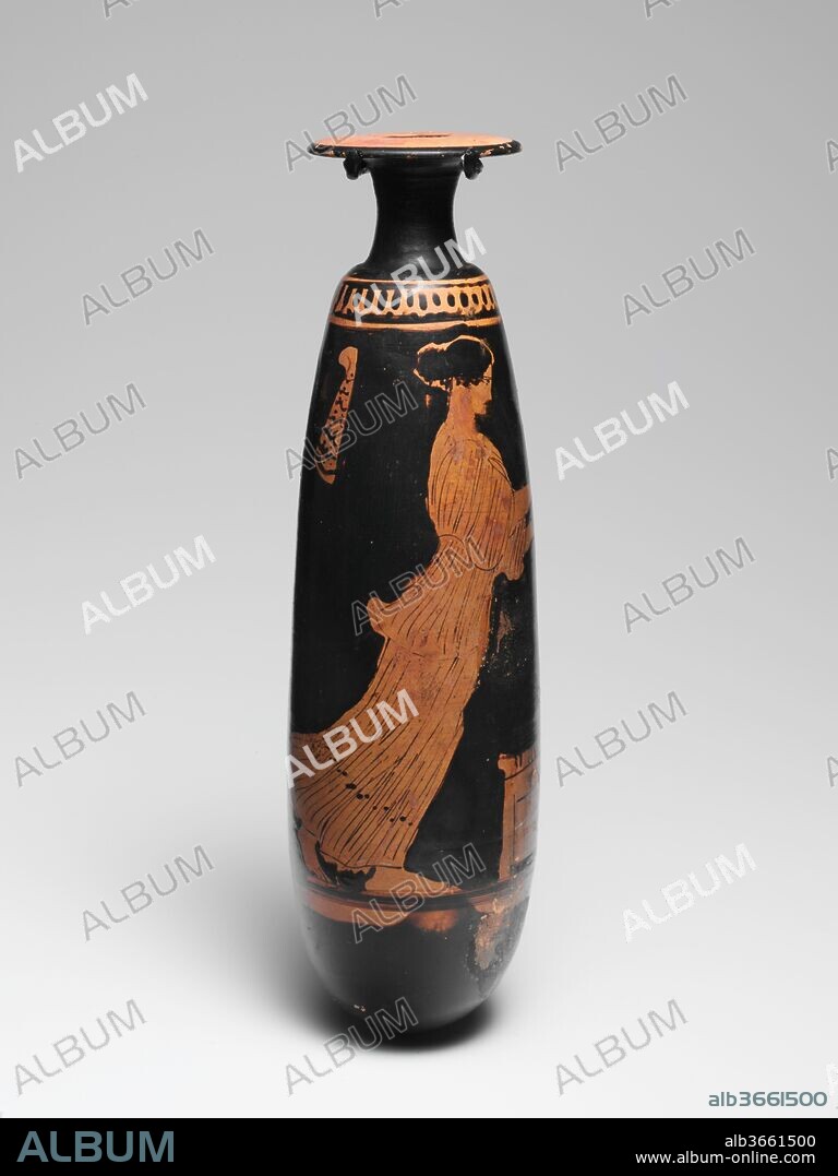 Terracotta alabastron (perfume vase). Culture: Greek, Attic. Dimensions: H.: 6 3/4 in. (17.1 cm). Date: ca. 440-430 B.C..
Two women
The women are shown in the domestic quarters, indicated by the casket and the kalathos (wool basket) between them. This is a simple object but just what an Athenian woman would have used in life and received as an offering in her grave.