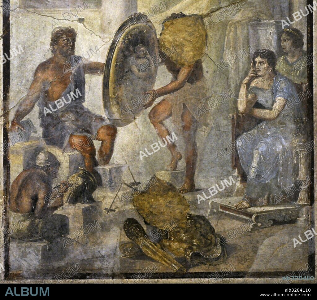 Roman painting. Thetis, whose image is reflected in the shield, look carefully at the golden armour that Hephaestus has made for Achilles. Pompeii (IX, 1,7). Italy.