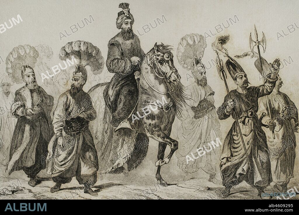 Imperio Otomano. Turquía. El Gran Señor (Sultán) yendo a la mezquita. Grabado por Lemaitre, H. Lalaisse y Chaillot. Historia de Turquía, por Joseph Marie Jouannin (1783-1844) y Jules Van Gaver. Panorama Universal, edición española de 1840.