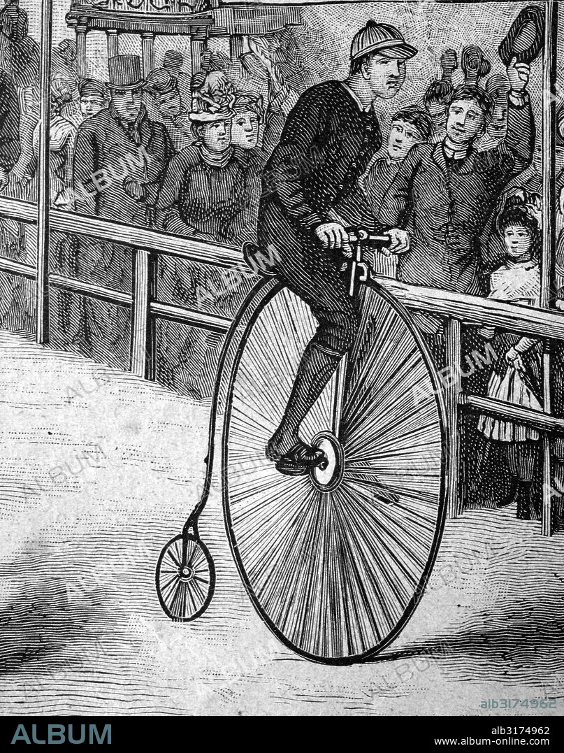 Man riding a penny farthing bicycle, historical illustration, circa 1886.