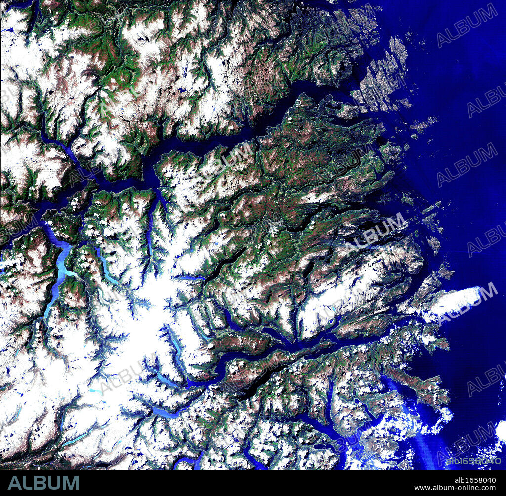 Satellite view of the Norwegian fjords: Sogn og Fjordane, west coast of Norway. US Geological Survey. Science.
