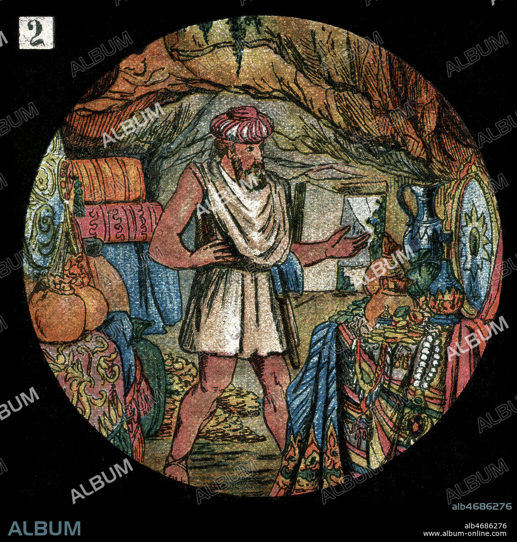 Ali-Baba et les 40 voleurs, conte des 1000 et 1 nuits. Ali Baba dans la grotte des voleurs decouvre leur tresor. Image transparente pour lanterne magique , vers 1900. Credit Collection Kharbine Tapabor.