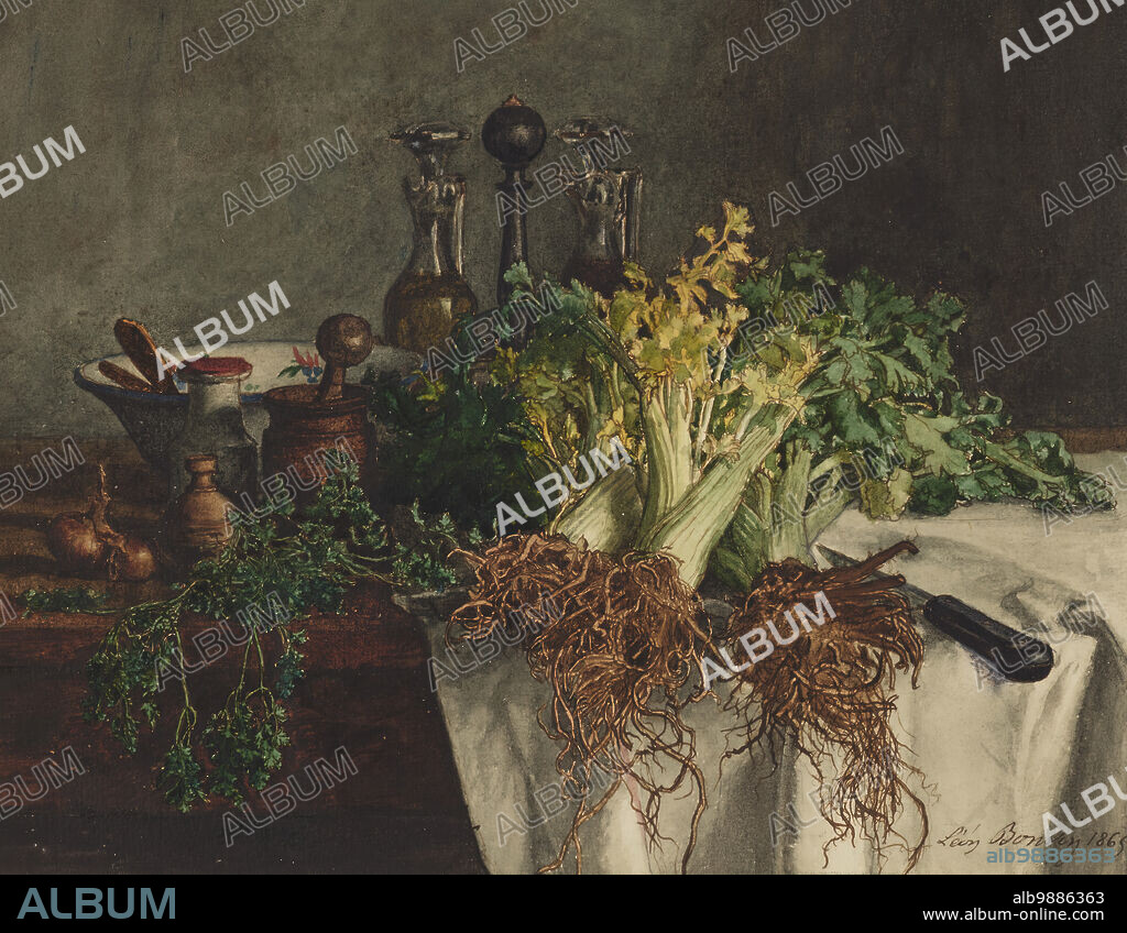 LéON BONVIN. Still Life with Celery, 1865. On the tabletop partly covered by a white cloth, there are three heads of celery, some parsley, several garlic bulbs, and various utensils including a knife, a cruet set, a pestle and mortar, and a faience bowl.