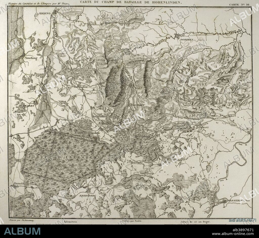 Napoleonic map. Hohenlinden battlefield map. Battle of Hohenlinden (3rd December, 1800), during the French Revolutionary Wars. Victory of the French troops, under Jean Victor Marie Moreau, against the Austrians and Bavarians led by Archduke John of Austria. Atlas de l'Histoire du Consulat et de l'Empire. History of the Consulate and the Empire of France under Napoleon by Marie Joseph Louis Adolphe Thiers (1797-1877). Drawings by Dufour and engravings by Dyonnet. Edited in Paris, 1864.
