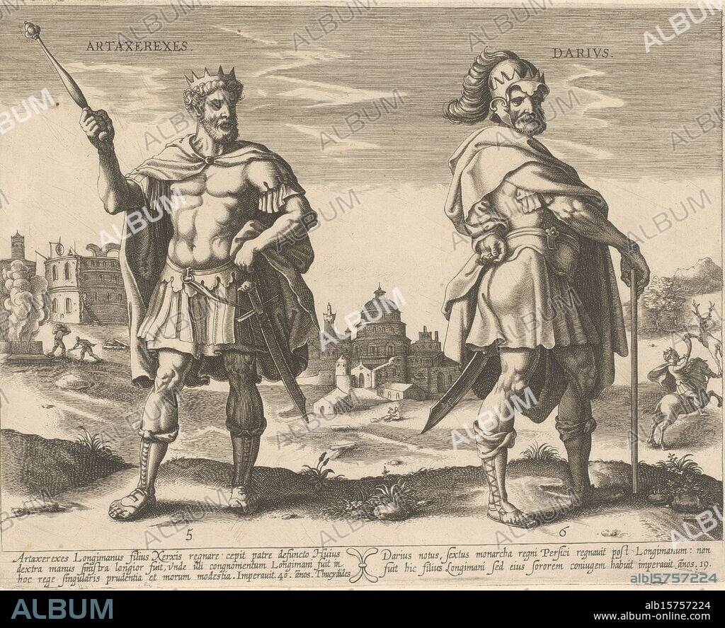 King Artaxerxes I and King Darius II, Persian kings (series title), Left King Artaxerxes I of Persia, son of Xerxes, standing with a scepter in his hand. In the background you can see how the city of Jerusalem was rebuilt under his rule. On the right King Darius II of Persia standing with a stick in his hand. In the background a landscape in which Darius rides on horseback and hunts a deer. Explanatory texts in Latin underneath the performance., print, print maker: anonymous, after print by: anonymous, after design by: Pieter de Jode (I), (attributed to), Amsterdam, c. 1643, paper, engraving, height, 216 mm × width, 269 mm.