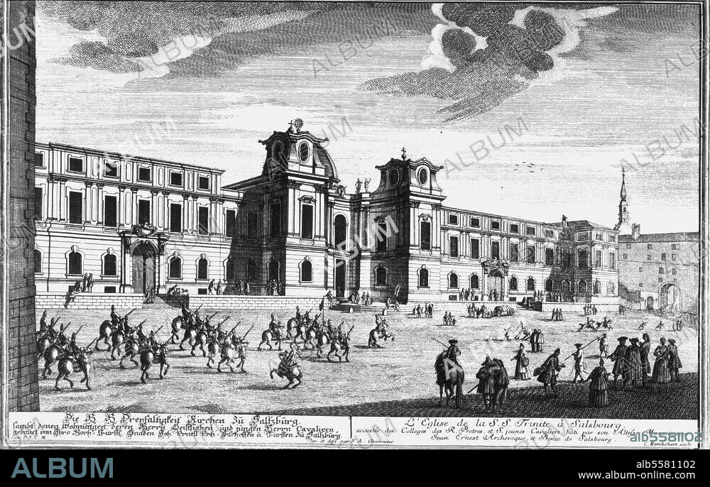 Salzburg (Österreich), Dreifaltigkeitskirche. (1694-1702 erbaut von Johann Bernhard Fischer von Erlach). Dreifaltigkeitskirche mit Priesterhaus und Virgilianum. Kupferstich, um 1735, von Karl Remshard. (1678-1735) nach Franz Anton Danreiter. (gest. 1760). Salzburg, Museum Carolino Augusteum.