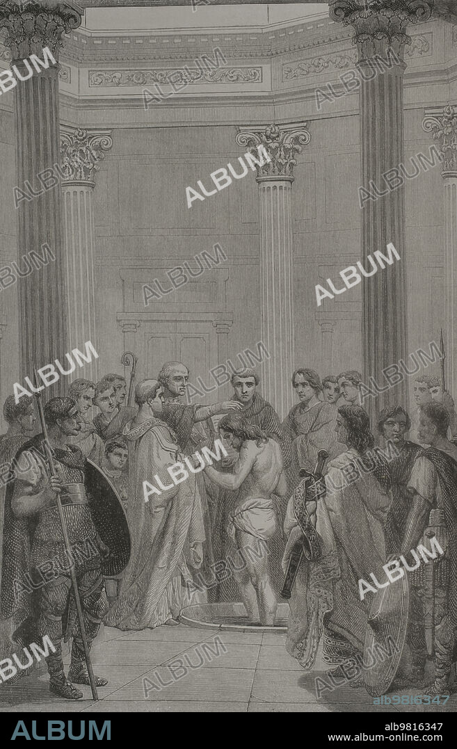 Clodoveo o Clovis I (h. 466-511). Rey de los francos salios entre 481 y 509. Fue coronado como rey de todos los francos hacia el año 509. Hijo de Childerico I. A raíz de su matrimonio con la princesa Clotilde, una princesa cristiana hija del rey de los burgundios, se convirtió al catolicismo y fue bautizado en Reims, según la tradición, por San Remigio el 25 de diciembre de 496. Bautismo de Clodoveo. Grabado. "Los Héroes y las Grandezas de la Tierra". Tomo V. 1855.