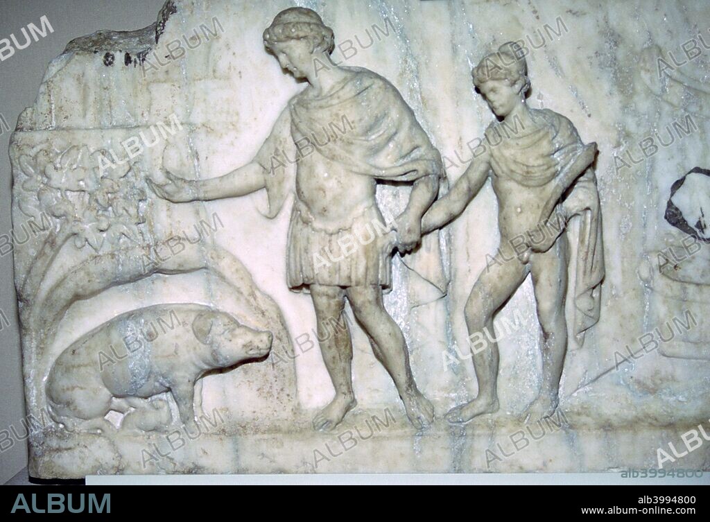 Roman marble relief of Aeneas and his son Ascanius. On his right is the ship which brought him from Troy, and on the left is the sow which told him where to found Lavinium, the precursor city to Rome.