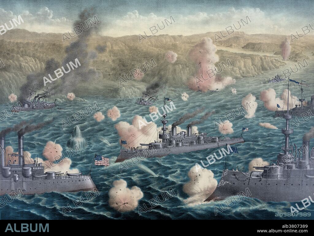 Entitled: "Destruction of Admiral Cervera's Spanish fleet off Santiago de Cube." The Battle of Santiago de Cuba, fought between Spain and the US on July 3, 1898, was one of the key naval engagements of the Spanish-American War, which resulted in the destruction of the Spanish Navy's Caribbean Squadron. Vizcaya, was locked in a running gun duel for nearly an hour with Brooklyn. Almost none of the Spaniards' nearly 300 shots caused significant damage, while Brooklyn pounded Vizcaya with effectiveness. Vizcaya continued the fight until overwhelmed, and by the end of the engagement she had been struck as many as 200 times by the fire from Brooklyn and Texas. Brooklyn had closed to within 950 yards when she finally delivered a 8 in (200 mm) round which, according to witnesses, may have detonated a torpedo being prepared for launch. A huge explosion ensued, Vizcaya ceased to be militarily effective, and fires raged out of control. She hauled down her flag and turned toward the beach to ground herself.