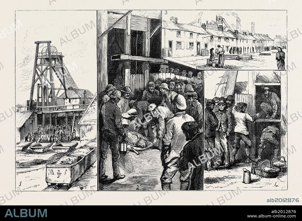THE FATAL EXPLOSION AT TRIMDON COLLIERY, DURHAM: 1. The Gear at the Shaft-mouth; 2. Scene at the Pit-Head: Bringing up the Body of Deputy Thwaites; 3. Office Street; 4. Sending Provisions Down to the Exploring Party.