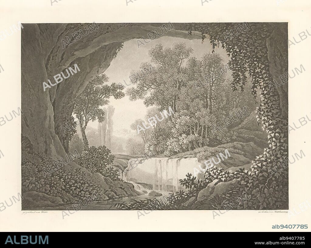 Landscape with waterfall, seen from a cave, print maker: Christian Haldenwang, (mentioned on object), after design by: Heinrich Theodor Wehle, (mentioned on object), publisher: Franz Nöldeke, Karlsruhe, 1804, paper, height 126 mm × width 174 mm.