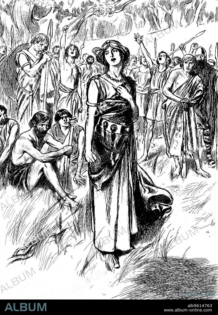 Boudicca (Boadicea) lst century British queen of the Iceni, rallying her troops, c1900. The warrior queen Boudicca launched a revolt against the Romans in Britain in 61 AD. The revolt was initially successful, with Colchester, London and Verulaimium brutally sacked. Eventually Boudicca's army was defeated by a Roman force under Seutonius Paullinus, after which Boudicca is said to have committed suicide by taking poison.