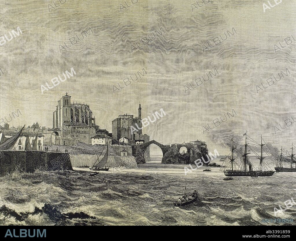Cantabria, siglo XIX. Castro Urdiales. Vista de la villa y del puerto tomada desde el mar. Grabado por Capuz. "La Ilustración Española y Americana", año 1889.