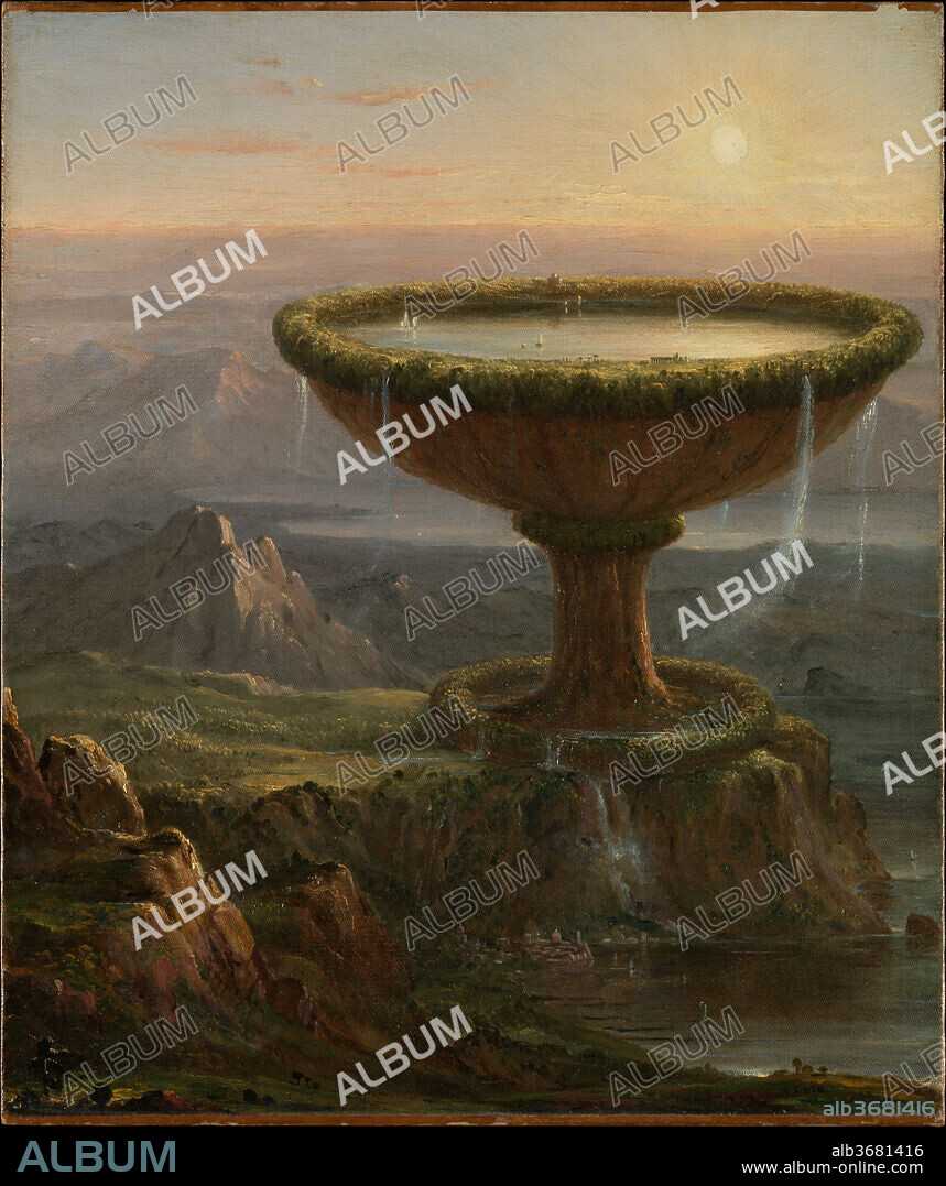 The Titan's Goblet. Artist: Thomas Cole (American, Lancashire 1801-1848 Catskill, New York). Dimensions: 19 3/8 x 16 1/8 in. (49.2 x 41 cm). Date: 1833.
The culmination of Cole's romantic fantasies, this work echoes the artist's other works of the period in its Italian derived scenery and its attempt to illustrate themes dealing with the grandeur of the past, the passage of time, and the encroachment of nature. Rejected by  Cole's patron, Luman Reed, and subsequently owned by the artist John  M. Falconer, the work defies full explanation. The massive, vegetation encrusted goblet around whose rim are found classical ruins, and on  whose glassy surface boats sail, has been linked to Norse legend and Greek mythology. Theophilus Stringfellow, Jr. described it as a  self-contained, microcosmic human world in the midst of vast nature, while Falconer linked the monumental stem of the goblet to the trunk of the Norse world-tree; he likened the cup to "the ramifying branches  . . . which spread out and hold between them an ocean dotted with sails, surrounded by dense forests and plains." Other theories tie the fantastic forms to J. M. W. Turner's "Ulysses Deriding Polyphemus"  (National Gallery, London), to Italian architecture and geological  formations, or to the golden goblet of the sun-god Helios. The  elevation and remove of the cup, rimmed with classical remnants, suggests the disassociation of the present, embodied in the surrounding landscape, from the pinnacle of creation which nourished its culture. Cole serves as intermediary, a role open only to the  artist or poet, transcending the strictues of the immediate world to unite past and present.