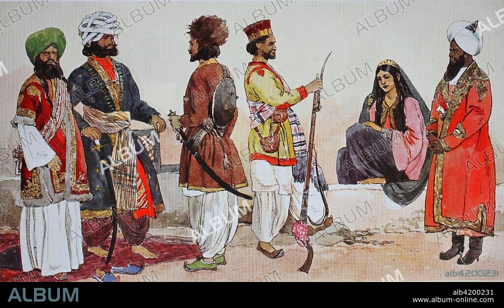 Clothing, fashion in India, from 1600-1800, in Baluchistan and Afghanistan, from left, two chans, chiefs from Baluchistan, then a soldier from the border between Baluchistan and Afghanistan, a mountain dweller from Baluchistan, then a woman from Karbul and a Hindu from Peshawar, digital improved reproduction from an original from the year 1900.