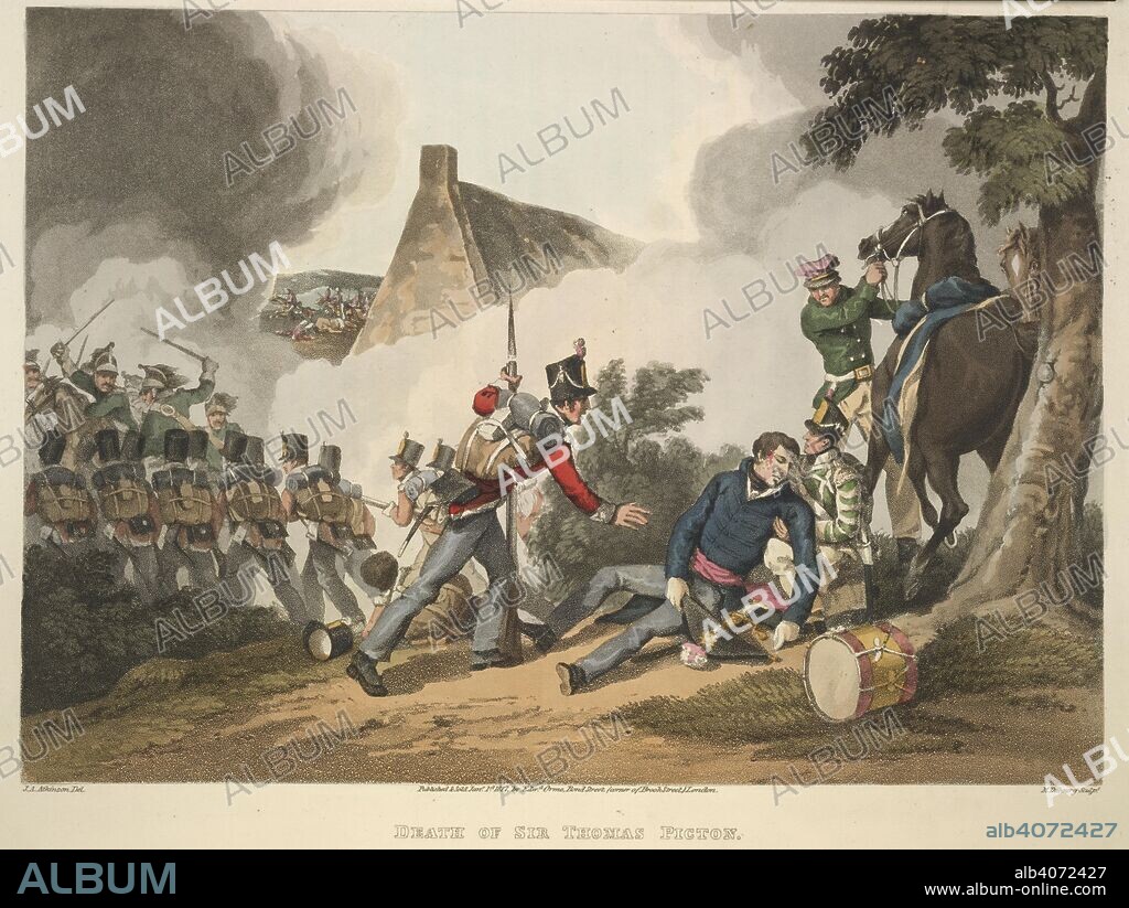 EDWARD ORME, J. A. ATKINSON and M DUBOURG. Death of Sir Thomas Picton. Historic, Military, and Naval Anecdotes of ... par. E. Orme: London, 1819. The death of Sir Thomas Picton, at the Battle of Waterloo.  Image taken from Historic, Military, and Naval Anecdotes of particular incidents which occurred to the armies of Great Britain and her allies in the last ...war, etc.  Originally published/produced in E. Orme: London, 1819. . Source: 9080.m.3, opposite 56. Language: English.