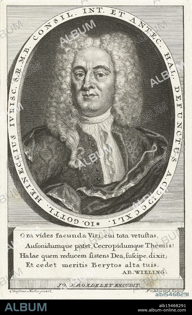 Broedelet, Johannes, Müller, Christian Benjamin, Leiden, Bleyswijck, François van, Portrait of jurist Johann Gottlieb Heineccius, verso center bottom - stamped, Portrait of jurist Johann Gottlieb Heineccius in oval frame with inscription. Below the image is a text by Ab. Wieling, print, prints, height 163 mm, width 105 mm, Noord-Nederlands, 1671-05-24 - 1746-10-15, print maker, printmaker, 1681 - 1746, fourth quarter 17th century, first quarter 18th century, second quarter 18th century, paper, papier, etching, etchings, engraving, engraving (printing process), German, 1690 - 1758-03-20, after, after painting by, Publication (Event), Publication, publisher.