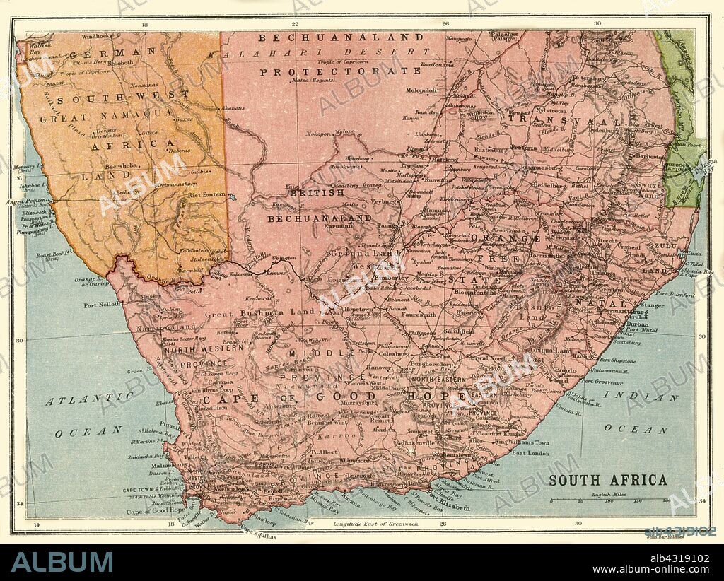 JOHN BARTHOLOMEW & SON. Map of South Africa, c1914, (c1920). Map of the southern tip of Africa at the start of the First World War, showing German South-West Africa (later Namibia), and various provinces of South Africa including the Bechuanaland Protectorate, Transvaal, Natal, Orange Free State, and Zululand. From "The Great World War - A History" Volume I, edited by Frank A Mumby. [The Gresham Publishing Company Ltd, London, c1920].