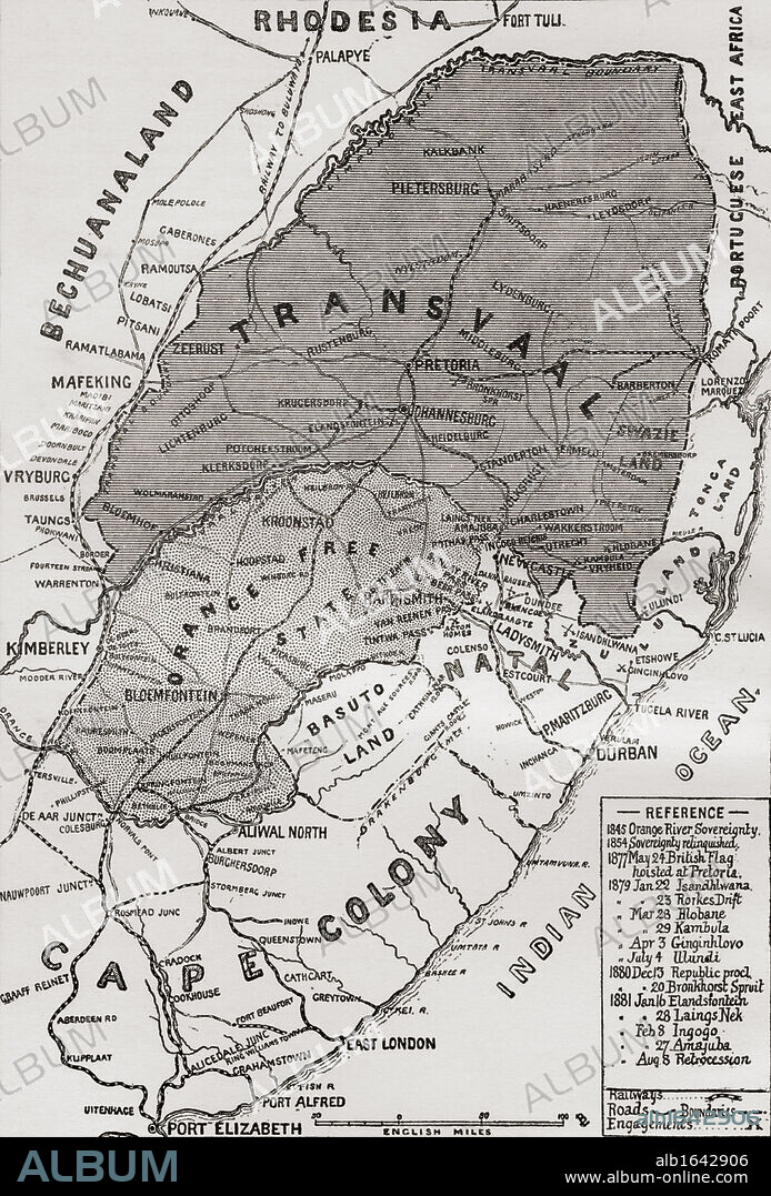 Map of The Boer Republics at the end of the 19th century. From the book South Africa and the Transvaal War, Volume 1 by Louis Creswicke, published 1900.