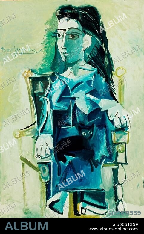 PABLO PICASSO. Picasso, Pablo 1881-1973. "Jacqueline assise avec son chat". (Jacqueline, sitzend, mit ihrer Katze), Mougins, 26. bis 28. Februar und. 1. bis 3. März 1964. Öl / Lw., 195 × 130 cm. Privatsammlung.