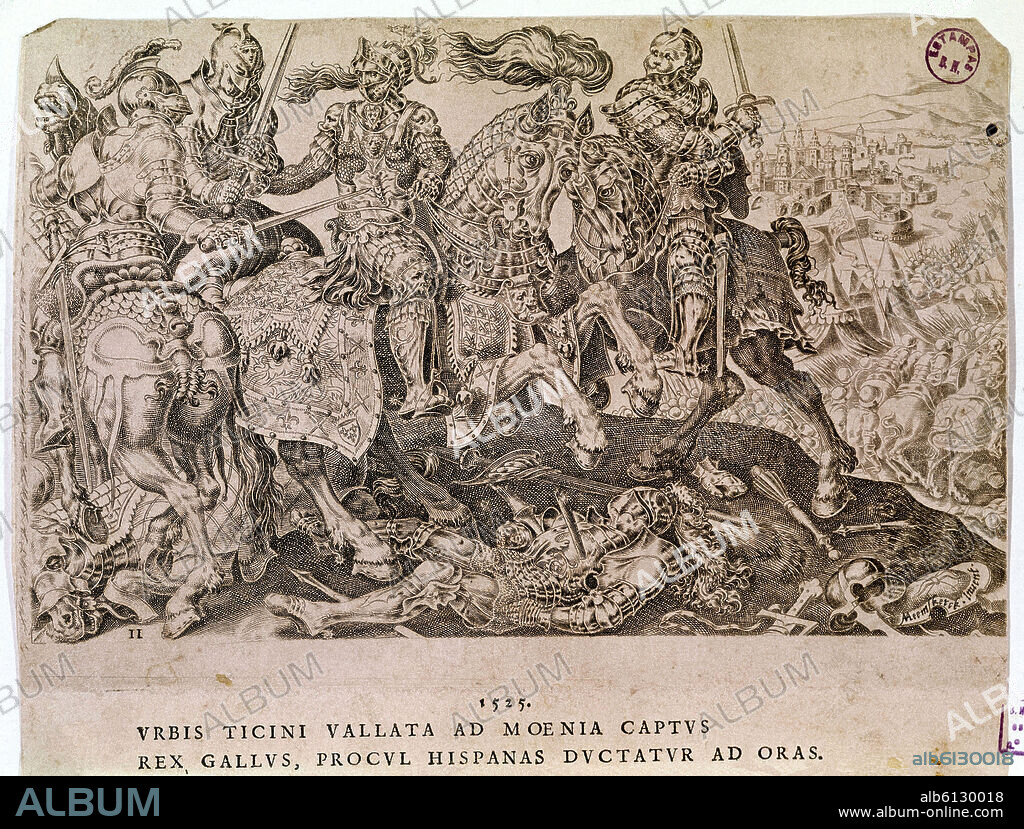 MAERTEN VAN HEEMSKERCK (1498-1574). Charles V's victories. Francis I emprisoned. Battle of Pavia. 1525. Madrid, National library (engravings).
