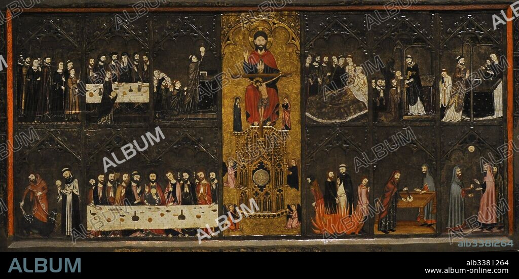 Maestro de Vallbona de les Monges (Guillem Seguer?), siglo XIV. Retablo del Corpus Christi, hacia 1335-1345. Procedente de la Capilla del Corpus Christi. Iglesia del Monasterio de Santa María de les Monges, provincia de Lleida. Museo Nacional de Arte de Cataluña. Barcelona. Cataluña. España. Master of Vallbona de les Monges (Guillem Seguer?), 14th century. Altarpiece of Corpus Christi, ca.1335-1345. From the Chapel of Corpus Christi. Church of the Monastery of Santa Maria de les Monges, Lleida province. National Art Museum of Catalonia. Barcelona. Catalonia. Spain.