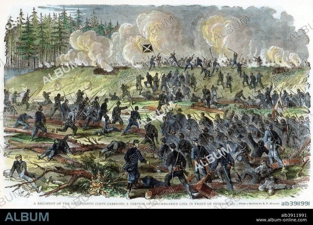 Siege of Petersburg, Virginia, American Civil War, c1864-c1865. A regiment of the Union 18th Corps carrying a portion of Confederate General PGT Beauregard's line in front of Petersburg. The Siege of Petersburg, which lasted from June 1864 until March 1865, foreshadowed the trench warfare battles of World War I.