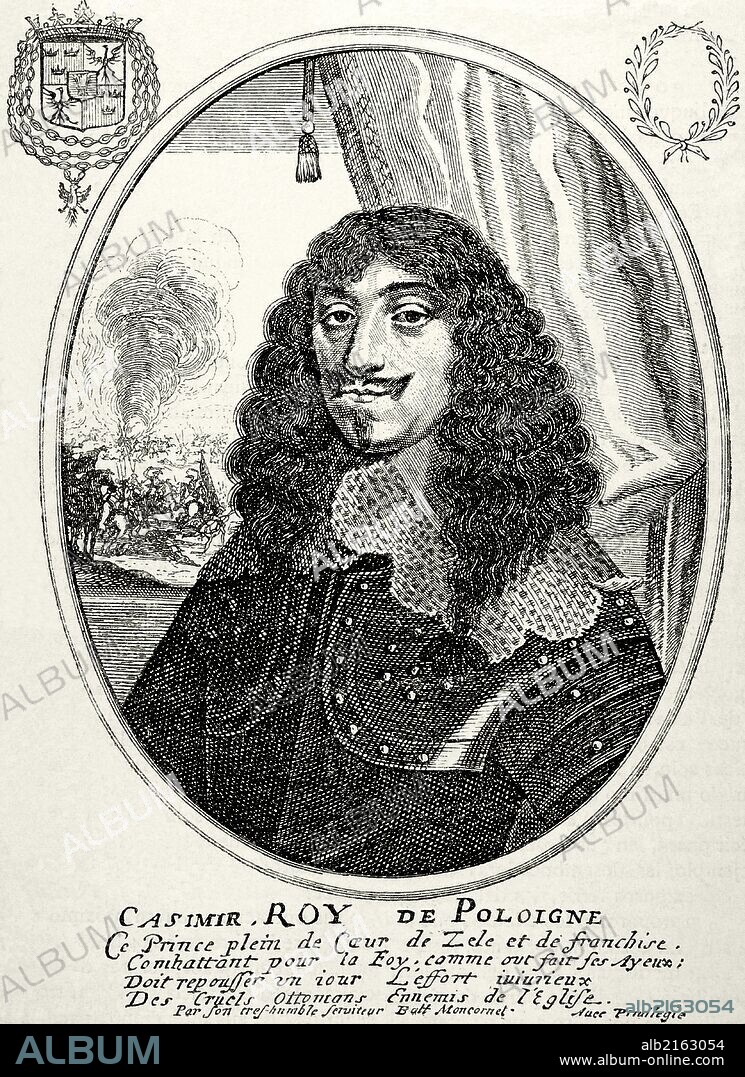 JUAN II o CASIMIRO V o JUAN CASIMIRO (1609-Nevers 1672). Rey de Polonia desde 1648 a 1668. Jesuita y cardenal. Sufrió la invasión de los tártaros y cosacos. Se enfrentó con Rusia (1654-76) y Suecia (1655-60). Abdicó y se retiró como abate en Francia. Grabado por B. Moncornet. "Historia Universal", año 1885.