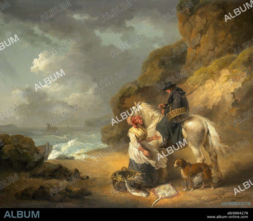 Fishmonger trying to sell her fish to a traveler on a horse, 1792, England, after a painting by George Morland, Historic, digitally restored reproduction from a 19th-century original.
