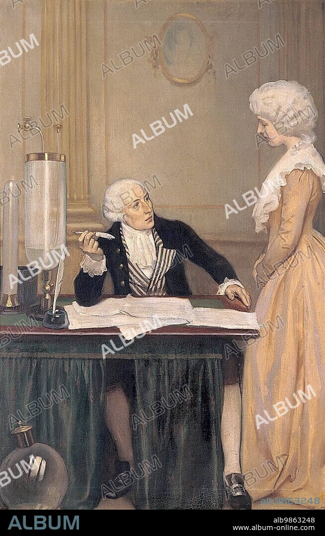 Lavoisier explains the result of his experiments with air to his woman, Antoine Laurent de Lavoisier (26 August 1743) (8 May 1794) was a French chemist and natural scientist, lawyer, chief customs renter, economist and head of the French gunpowder administration, Historic, digitally restored reproduction of an original of the period.