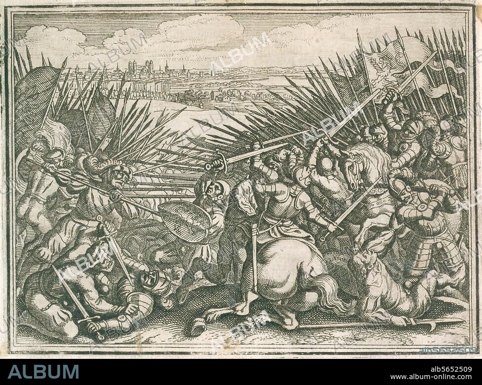 Schlacht bei Göllheim in der Rheinpfalz, 2. Juli 1298 (Der Gegenkönig Albrecht I. siegt über den abgesetzten Adolf von Nassau). "Schlacht Kaiser Adolphs mit Alberten von Österreich bei Gelheim". Kupferstich von Matthäus Merian d. Ä. (1593-1650). Aus: Johann Ludwig Gottfried, Historische Chronica, Frankfurt a. M. (M.Merian) 1630, S. 594. Berlin, Sammlung Archiv für Kunst und Geschichte.