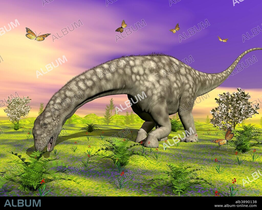 Large Argentinosaurus dinosaur eating small plants while surrounded with butterflies and flowers.
