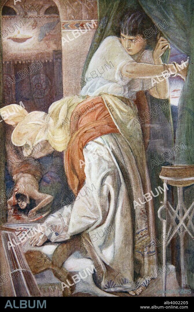 'The Murder of Setapo', 1916. Setapo was a wealthy and evil man of Babylon who was murdered by Sinonis. Illustration from Myths and Legends of Babylonia and Assyria by Lewis Spence, 1916.