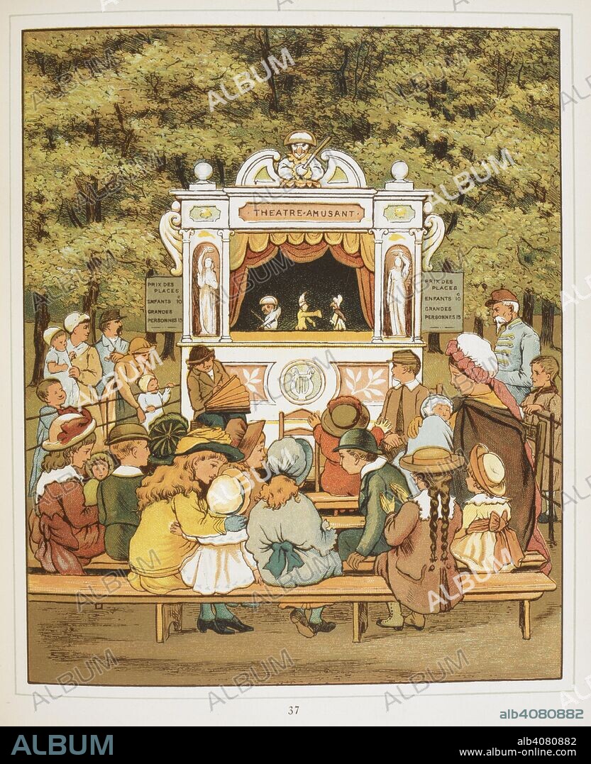 THOMAS CRANE and ELLEN HOUGHTON. In the Tuilleries gardens. Children watching a punch and judy puppet show. Colour Illustration from â€˜Abroadâ€™. Abroad. Marcus Ward & Co.: London, 1882. Source: 12810.d.28 page 37. Language: English.