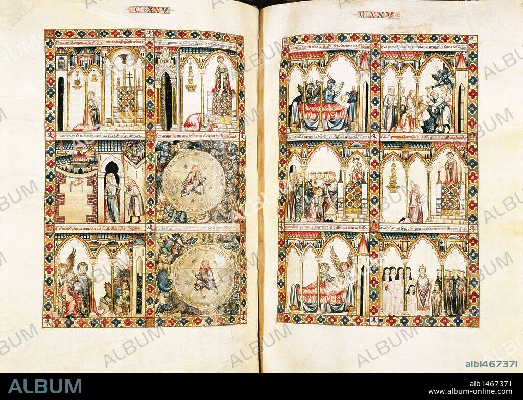LITERATURA CASTELLANA. S. XIII. CANTIGAS DE SANTA MARIA, obra personal de Alfonso X "El Sabio" (Toledo,1221-Sevilla,1284). Colección de 430 poemas difundida en códices ilustrados con miniaturas y donde se consigna la melodía de cada composición. Páginas miniadas. Biblioteca de El Escorial. Madrid. España. PATRIMONIO NACIONAL. Cantiga 125. F117v 178r.