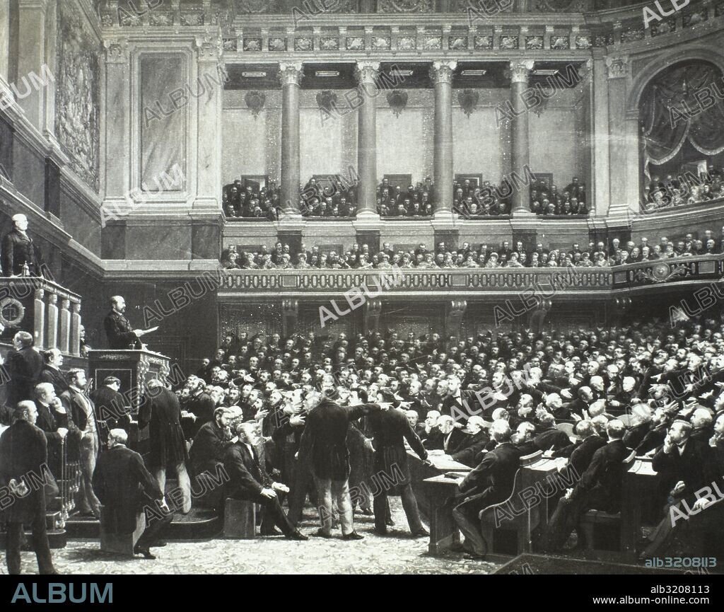 Adolphe Thiers (1797-1877). French statesman and historian. Second elected President of France, and the first President of the French Third Republic. Thiers in the Chamber of Deputies on June 6th, 1877 as a responsible for liberating French territory from the Germans.