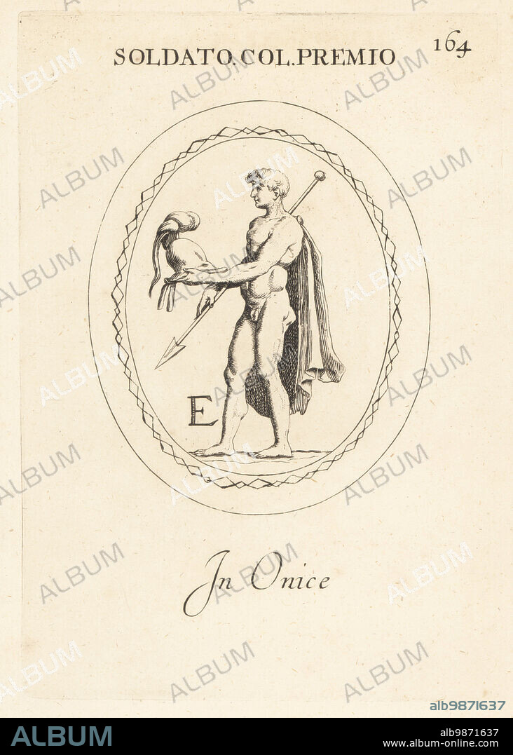 Naked Roman soldier receiving trophies for bravery. In cloak, holding hasta lance and crested helmet. In onyx. Soldato Col Premio. In onice. Copperplate engraving by Giovanni Battista Galestruzzi after Leonardo Agostini from Gemmae et Sculpturae Antiquae Depicti ab Leonardo Augustino Senesi, Abraham Blooteling, Amsterdam, 1685.