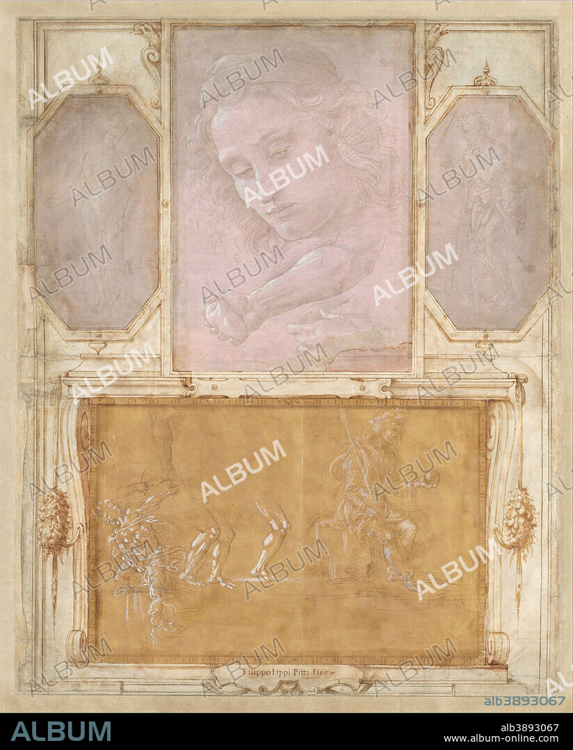 SANDRO BOTTICELLI. Page from "Libro de' Disegni". Date/Period: Sheets probably 1480-1504; mounting & framework by Vasari after 1524. Drawing. Album page with ten drawings on recto and verso in various media with decoration in pen and brown ink, brown and gray wash, on light buff paper. Height: 56.70 mm (2.23 in); Width: 45.70 mm (1.79 in).
