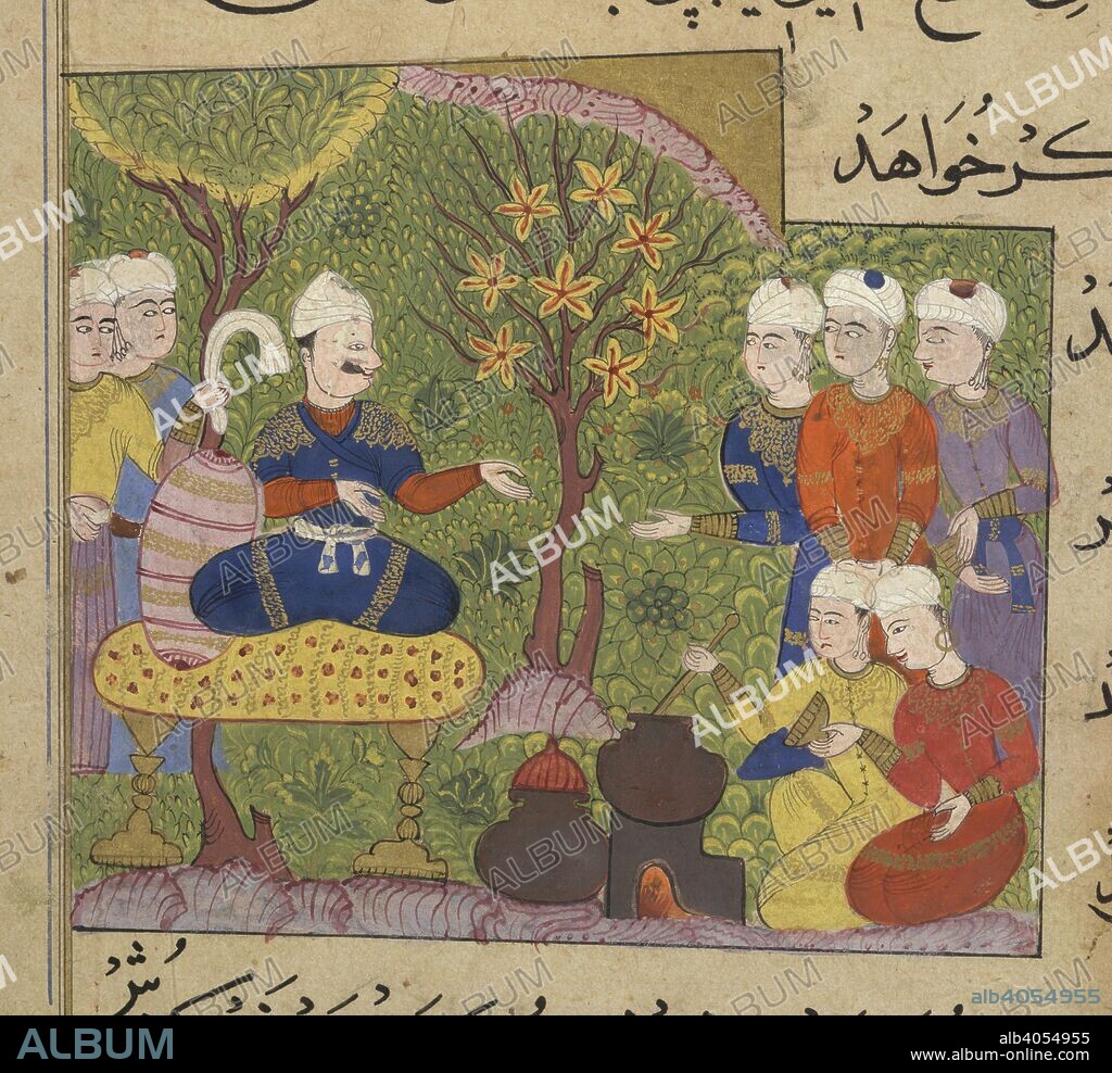 Cooking. The Ni'matnama-i Nasir al-Din Shah. A manuscript o. 1495 - 1505. Cooking out of doors for the Sultan Ghiyath al-Din. Opaque watercolour. Sultanate style.  Image taken from The Ni'matnama-i Nasir al-Din Shah. A manuscript on Indian cookery and the preparation of sweetmeats, spices etc.  Originally published/produced in 1495 - 1505. . Source: I.O. ISLAMIC 149, f.54. Language: Persian.