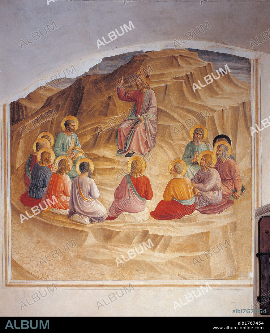 The Sermon on the Mount, by Guido di Pietro (Piero) known as Beato Angelico, 1438-1446, 15th Century, fresco,. Italy, Tuscany, Florence, San Marco Convent, cell of the lay brothers n. 32. All. Jesus Christ mountain apostles disciples red pink yellow speech sermon sermon. Authorization required for non editorial use.