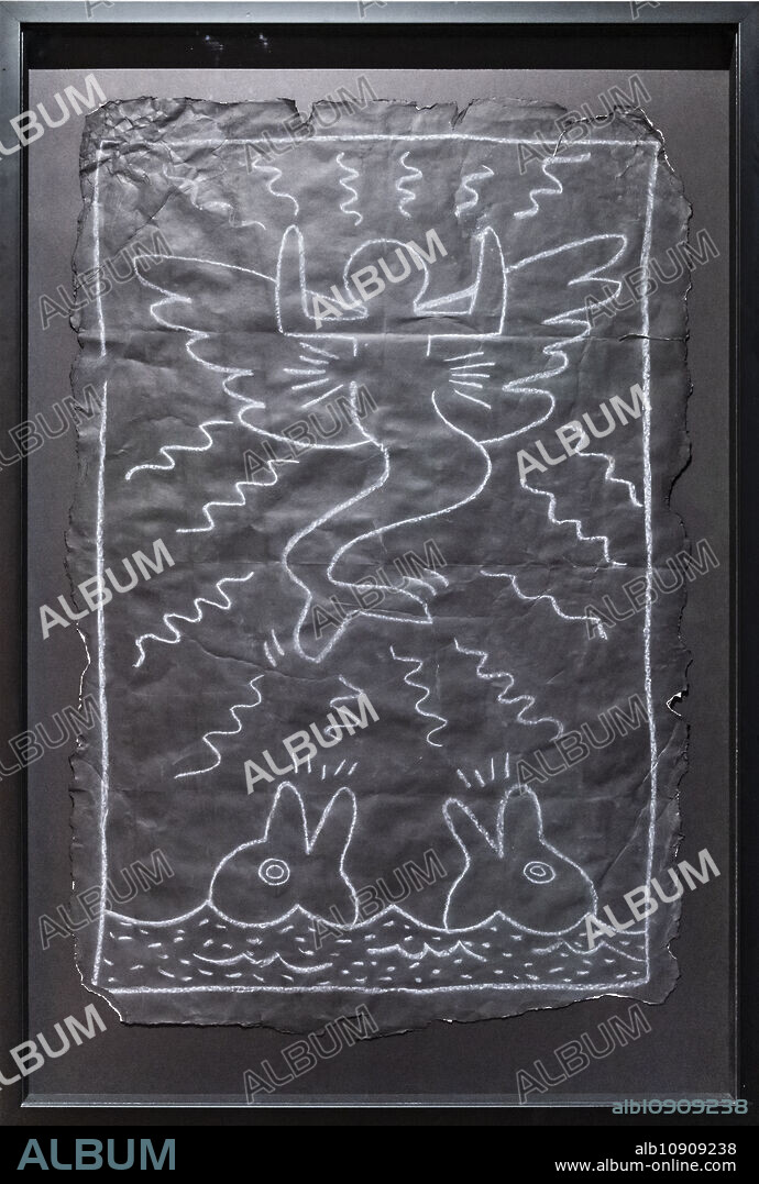Keith Haring, untitled, Winged Mermaid and Dolphins, Subway Drawing, circa 1983, White chalk on black paper, Moco Museum, Amsterdam, Netherlands.