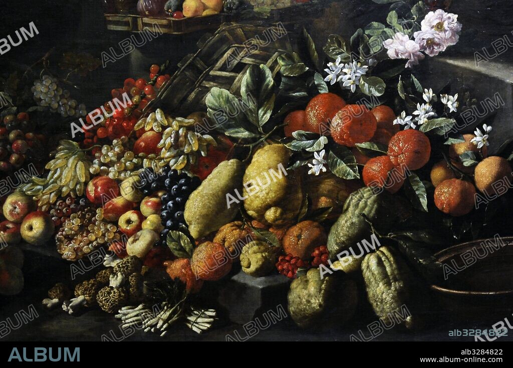 Baroque. Abraham Brueghel (1631-1697). Giuseppe Ruoppolo (?-1710). Still life with fruit and flowers, 1680-85. Detail. Oil on canvas. National Museum of Capodimonte. Naples. Italy.