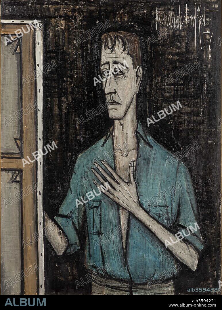 BERNARD BUFFET. Self portrait in front of black background.