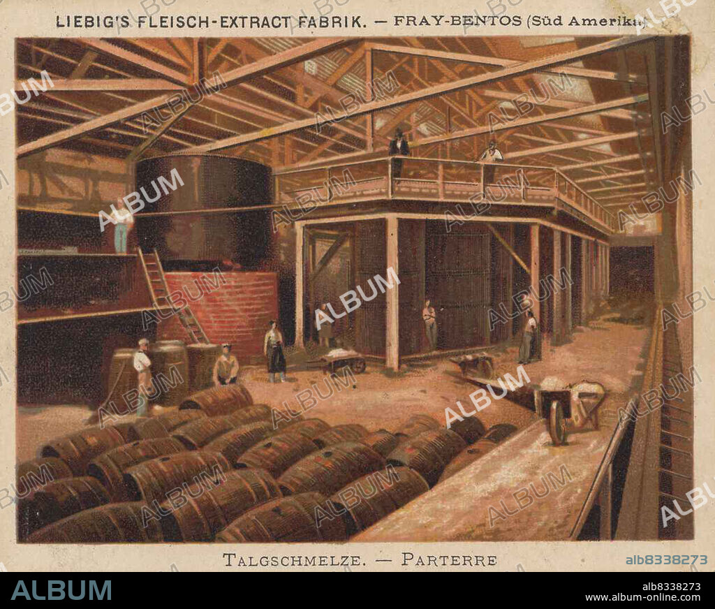Serie Industrieanlagen, Fleisch Extrakt Fabrikation, Fray-Bentos, Argentinien, Talgschmelze, Parterre / Series Industrial Plants, Meat Extract Fabrication, Fray-Bentos, Argentina, Tallow Melting, Ground Floor, digital improved reproduction of a collectible image from the Liebig company, estimated from 1900, pd / digital verbesserte Reproduktion eines Sammelbildes von ca 1900, gemeinfrei.