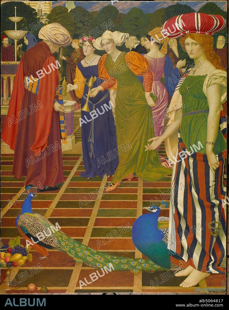 New Lamps for Old, 1901 Artist Joseph Edward Southall Gilded by Anna Elizabeth Southall, The subject is taken from story of Aladdin in the One Thousand and One Nights (The Arabian Nights). George Breeze records (in 'Joseph Southall 1861-1944, Artist-Craftsman', Birmingham Museums & Art Gallery, 1983): 'The figures from left to right are: the artist, Arthur Gaskin, (The Magician), Charles March Gere, Mrs F. Wood, (Aladdin's wife), William Littleboy, Alderman White, Joseph Sturge, Anna Elizabeth Baker, John E. Baker (Scheherazade), and Alderman Baker. Apart from the first three who were artists, the other named persons were prominent Quakers in Birmingham. All were close friends or relatives of Southall.', Bird, PeacockPre-Raphaelite, Frame.